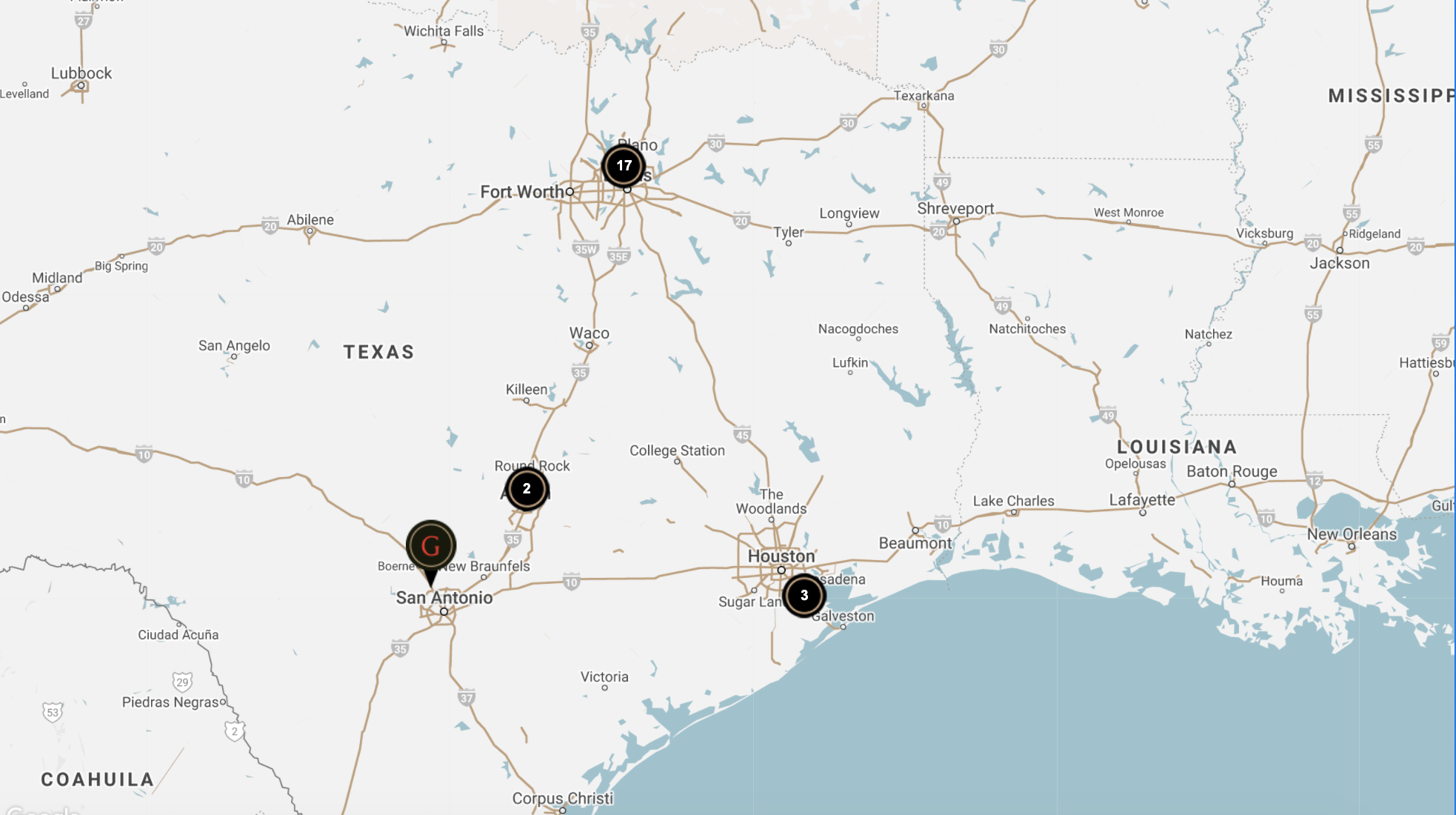 Map of Texas with location pins on Gloria's restaurants.